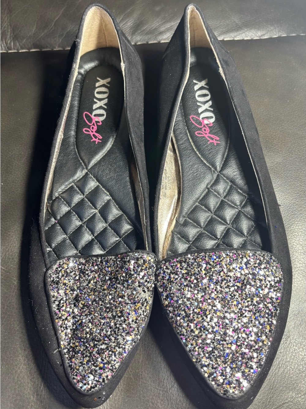 XOXO Soft Black Flats with Multicolor Glitter Pointed Toes Size 9 EPC